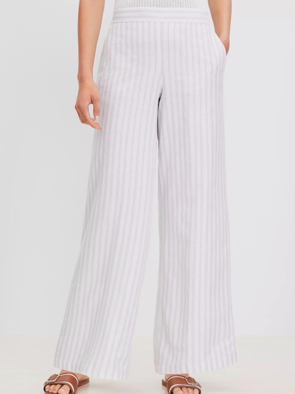 NWT Ann Taylor LOFT Wide Leg Pants Shimmer Stripe Linen Blend M White
